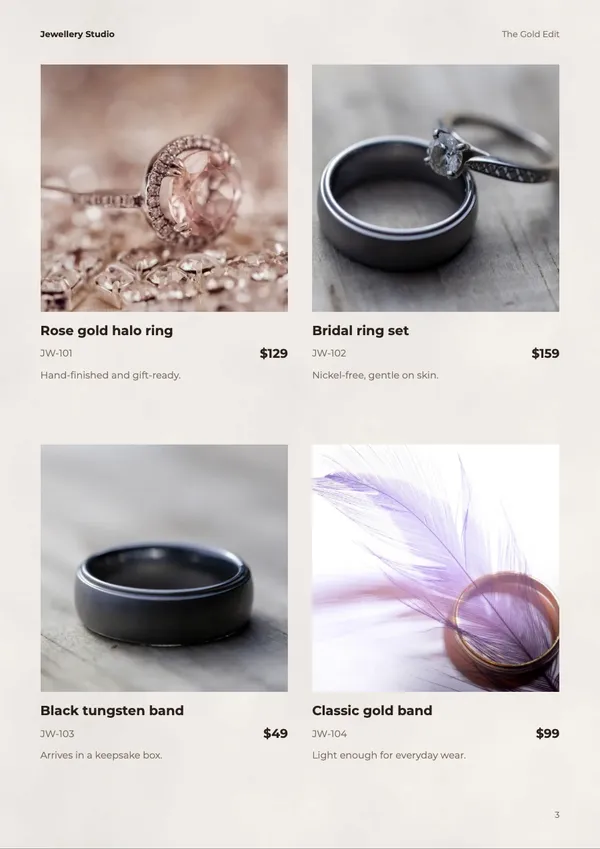 Page 3 of the Gold Edit jewellery catalogue template: products