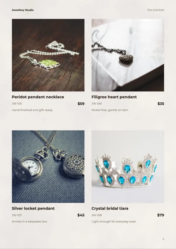 Page 4 of the Gold Edit jewellery catalogue template: products