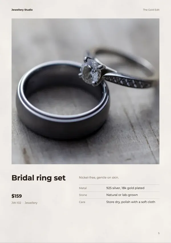 Page 5 of the Gold Edit jewellery catalogue template: one product