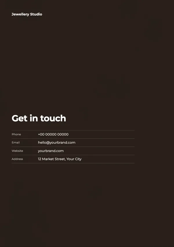Page 6 of the Gold Edit jewellery catalogue template: back page