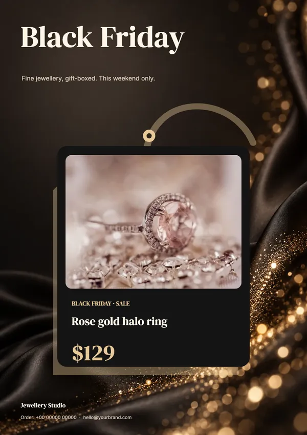 Page 1 of the Black Tag jewellery flyer template: flyer