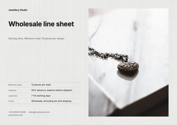 Page 1 of the Silver Line jewellery line sheet template: cover and terms
