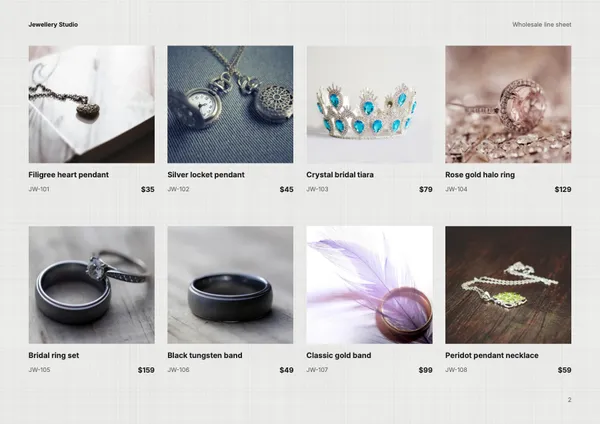 Page 2 of the Silver Line jewellery line sheet template: products