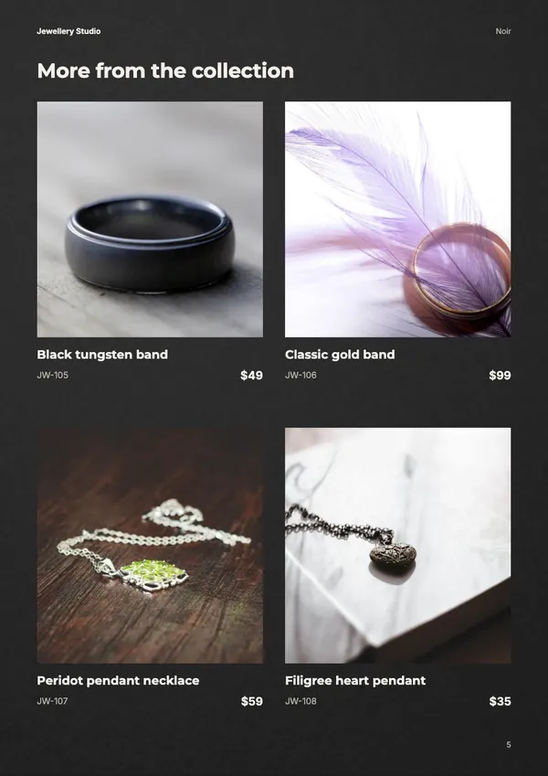 Page 5 of the Noir jewellery lookbook template: full-page photo