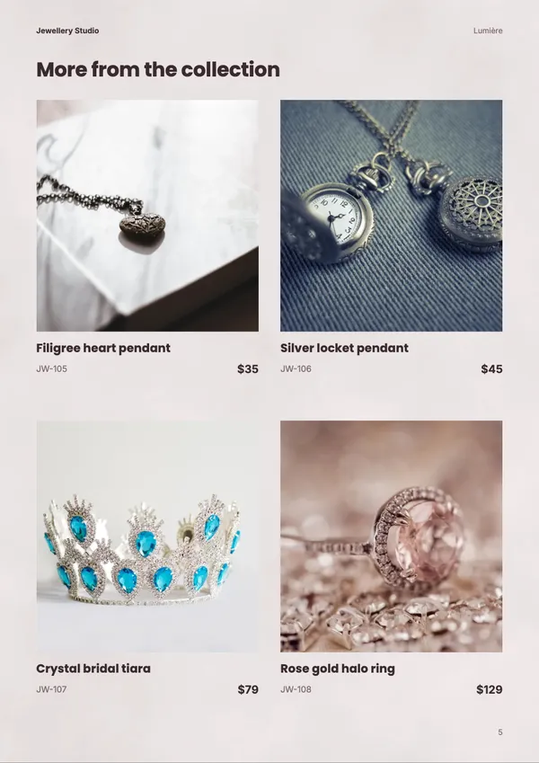 Page 5 of the Lumière jewellery lookbook template: full-page photo
