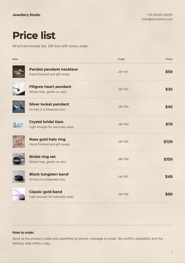 Page 1 of the Champagne jewellery price list template: price list
