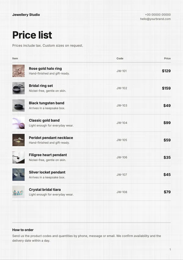 Page 1 of the Clean Ledger jewellery price list template: price list