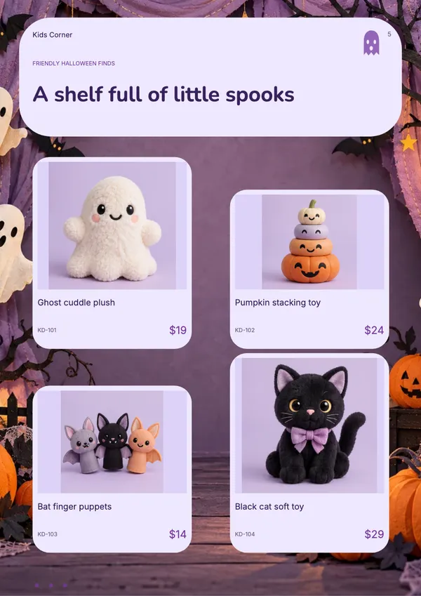 Page 5 of the Boo Crew toys & baby catalogue template: four products