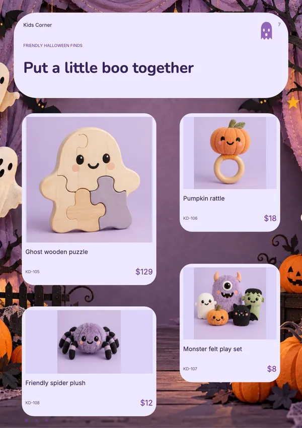 Page 7 of the Boo Crew toys & baby catalogue template: products in mixed sizes