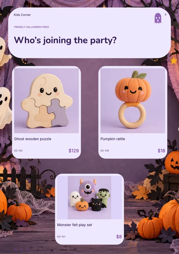 Page 9 of the Boo Crew toys & baby catalogue template: boo crew products over halloween artwork