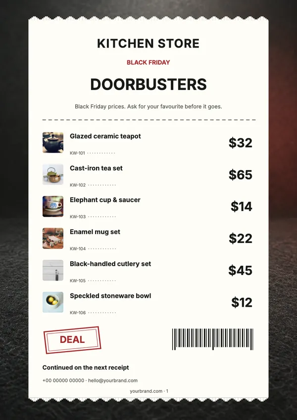 Page 1 of the Doorbuster Receipt kitchen & dining price list template: price list