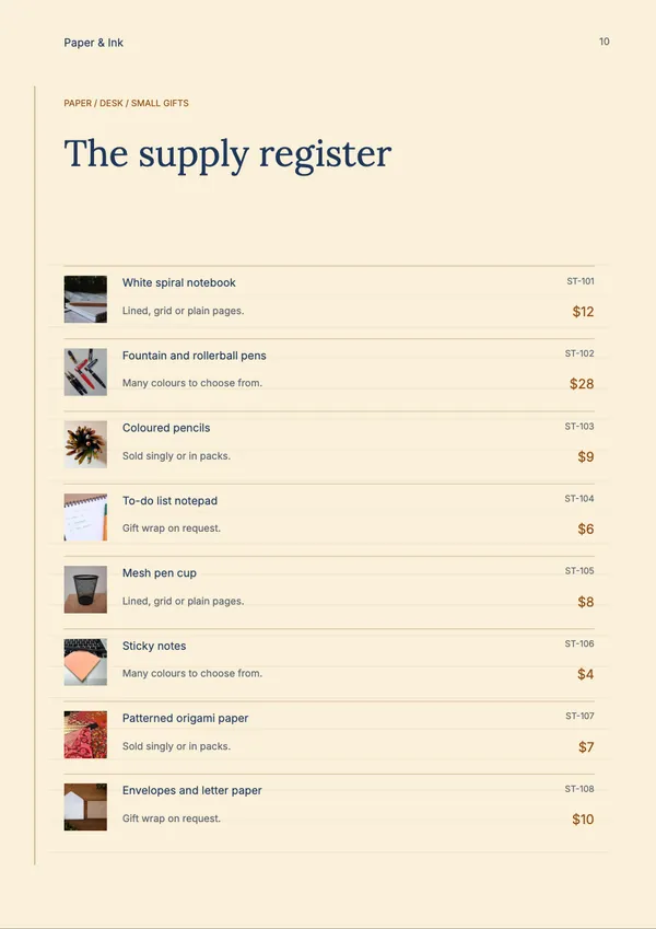Page 10 of the Paper & Purpose stationery & office catalogue template: shopping list