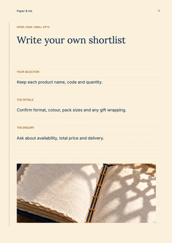 Page 11 of the Paper & Purpose stationery & office catalogue template: how to order