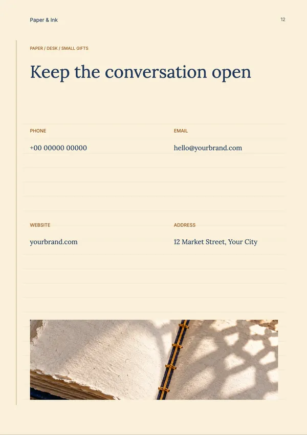 Page 12 of the Paper & Purpose stationery & office catalogue template: back page