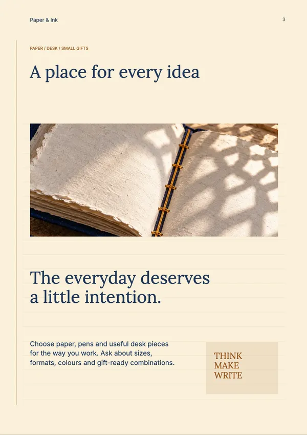 Page 3 of the Paper & Purpose stationery & office catalogue template: introduction
