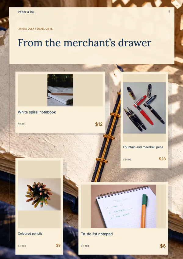 Page 4 of the Paper & Purpose stationery & office catalogue template: four products