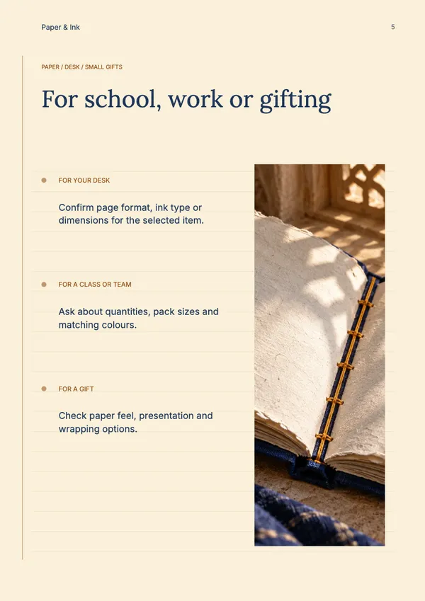 Page 5 of the Paper & Purpose stationery & office catalogue template: details page
