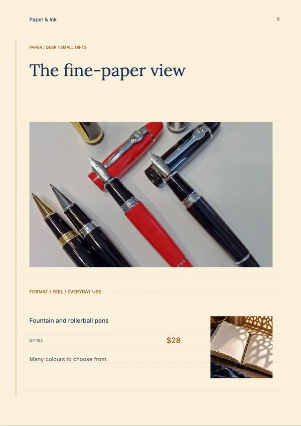 Page 6 of the Paper & Purpose stationery & office catalogue template: product feature