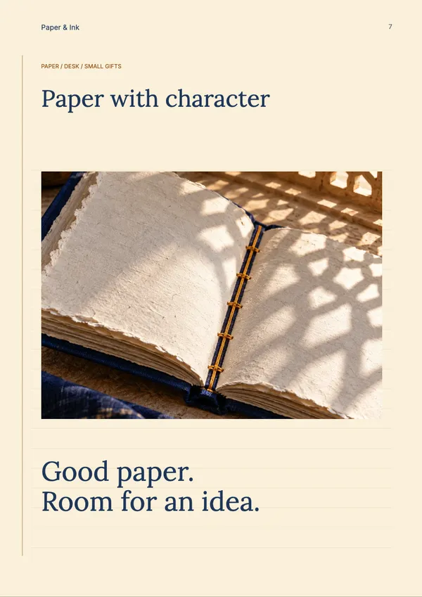 Page 7 of the Paper & Purpose stationery & office catalogue template: artwork page