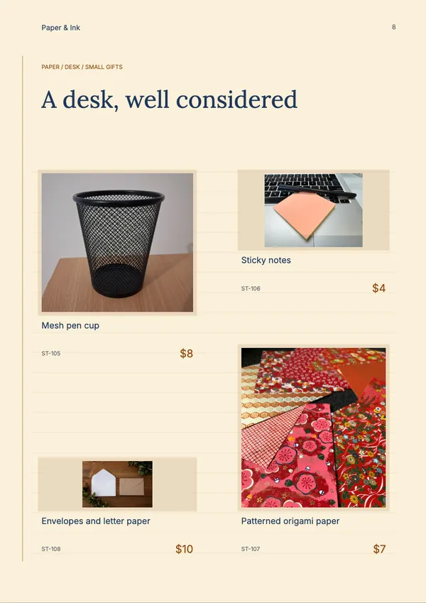 Page 8 of the Paper & Purpose stationery & office catalogue template: products in mixed sizes