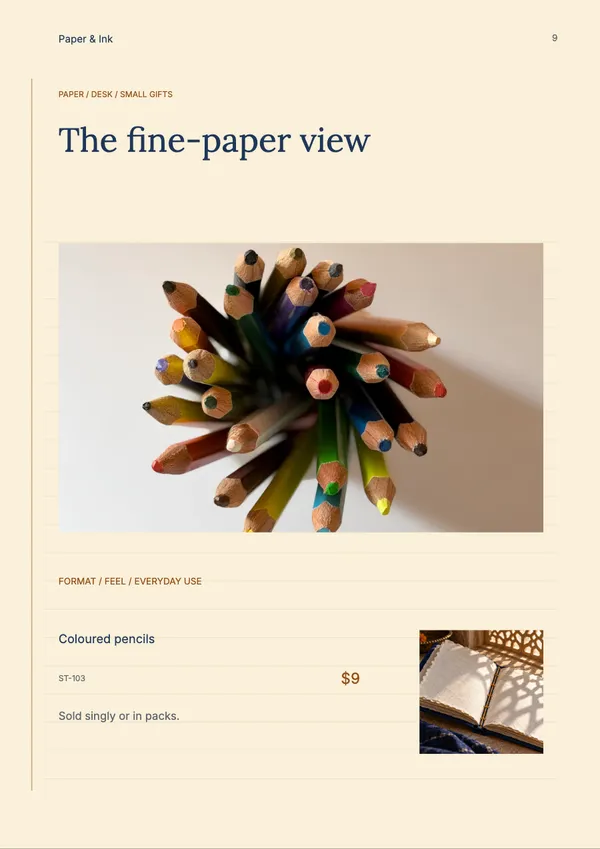 Page 9 of the Paper & Purpose stationery & office catalogue template: product feature