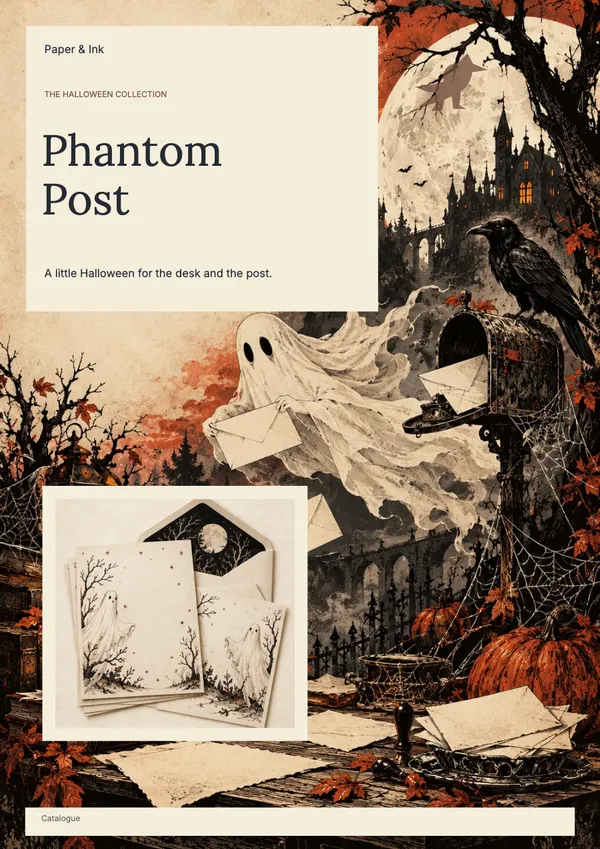 Page 1 of the Phantom Post stationery & office catalogue template: cover