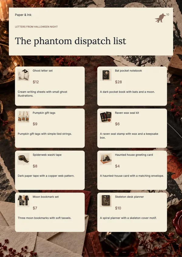 Page 10 of the Phantom Post stationery & office catalogue template: shopping list