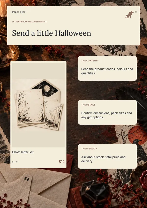 Page 11 of the Phantom Post stationery & office catalogue template: how to order