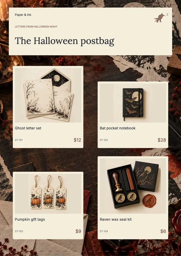 Page 2 of the Phantom Post stationery & office catalogue template: phantom post collection display