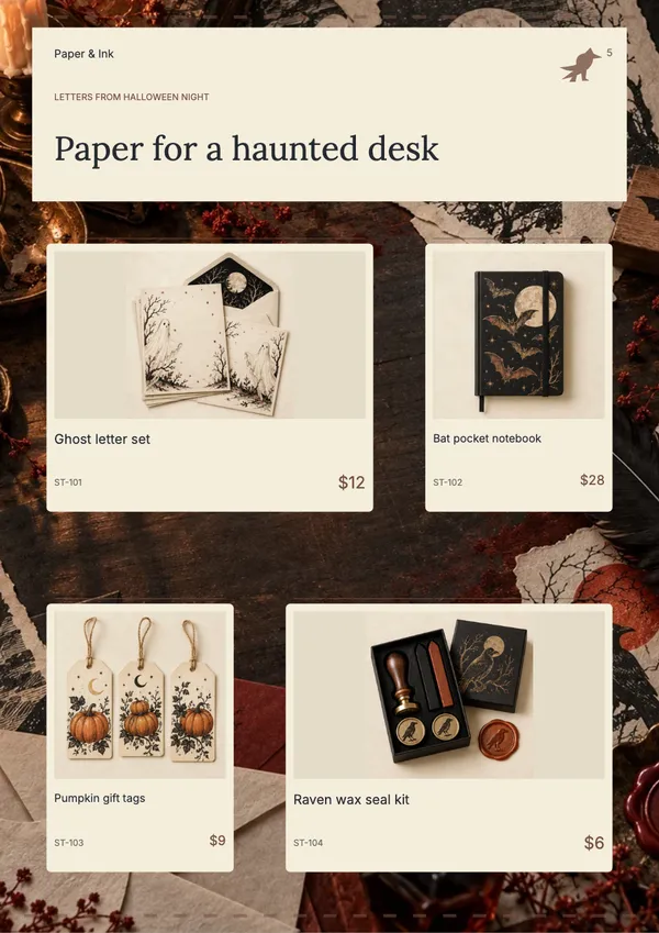 Page 5 of the Phantom Post stationery & office catalogue template: four products
