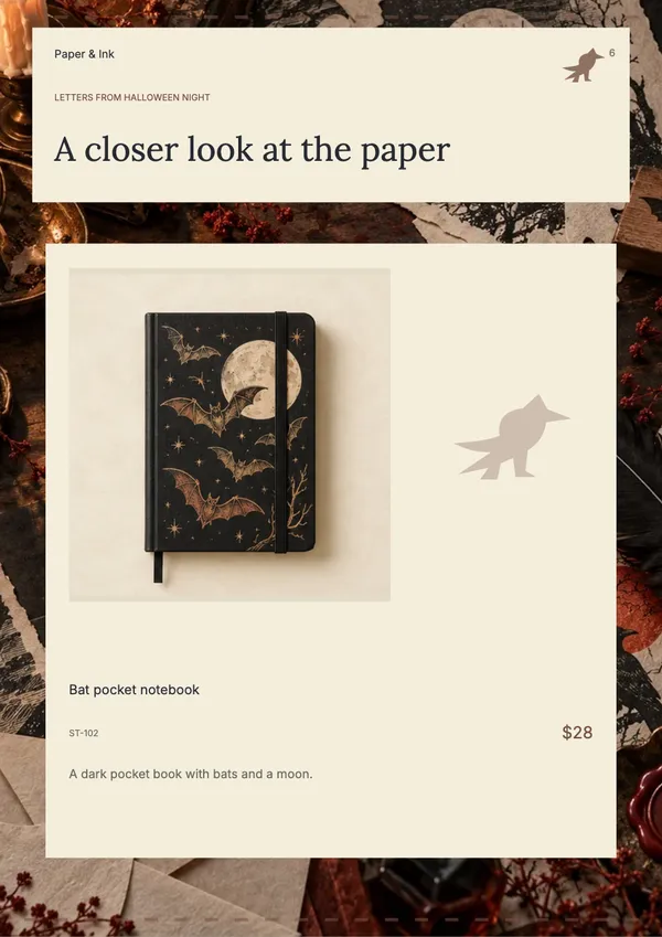 Page 6 of the Phantom Post stationery & office catalogue template: product feature