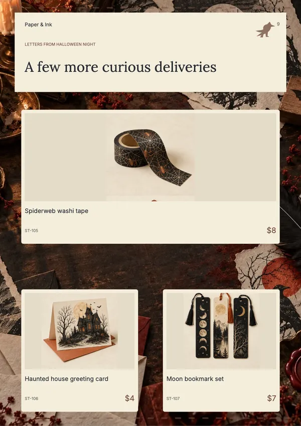 Page 9 of the Phantom Post stationery & office catalogue template: phantom post products over halloween artwork